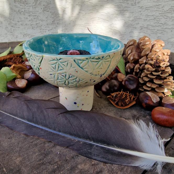 Keramikschale mit Blume des Lebens aquamarin 